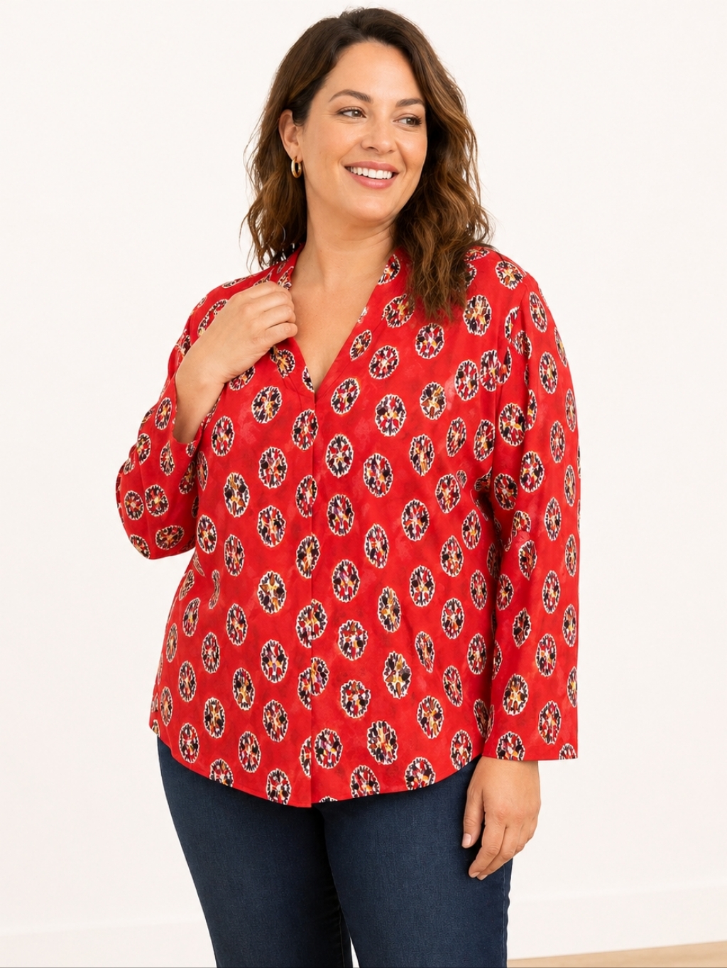 Nic+Zoe Red Printed Blouse 1x Plus Size Stretch Knit V Neck Long Sleeve Top